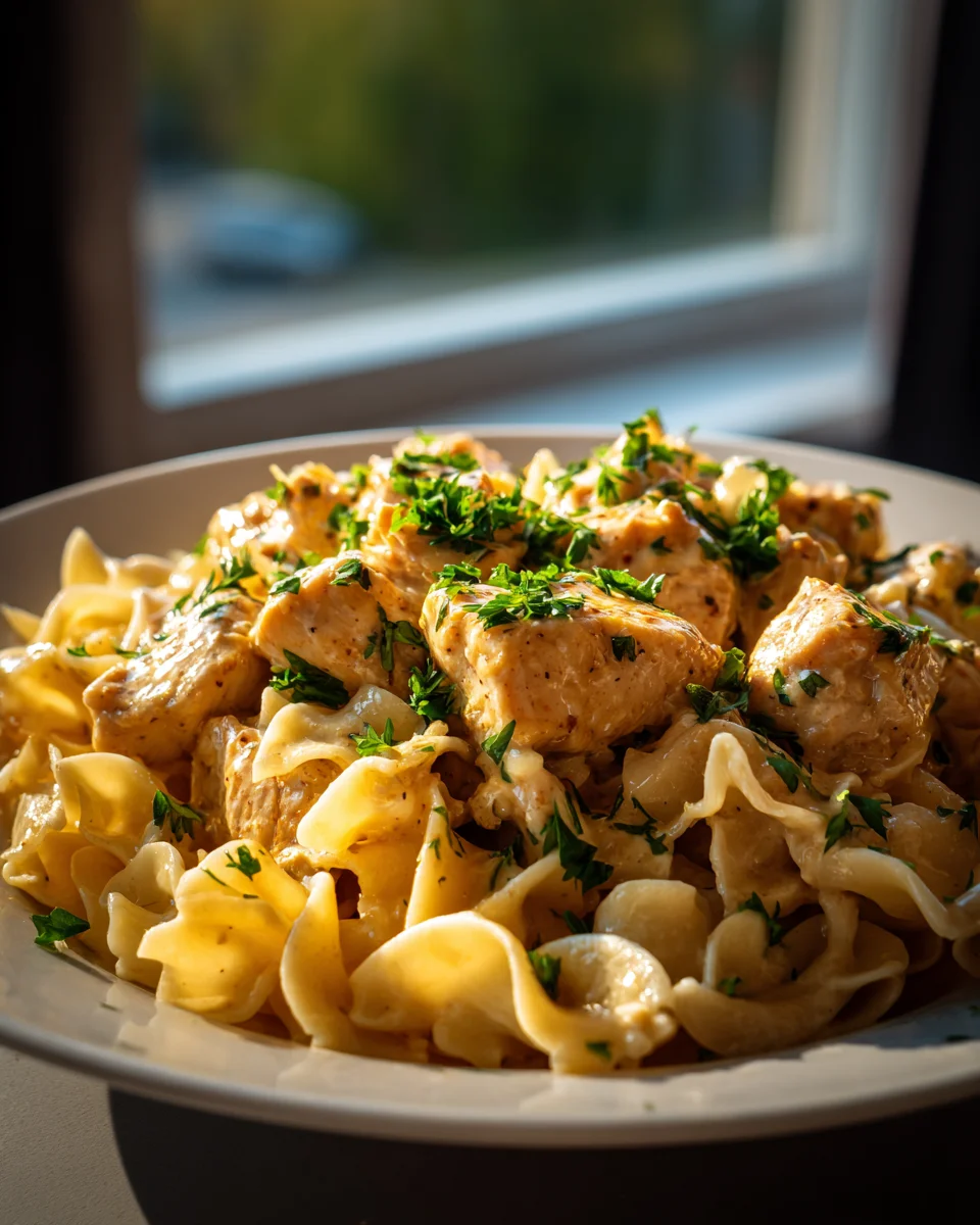 One-Pan Cremiges Knoblauch-Butter-Hähnchen mit Eiernudeln