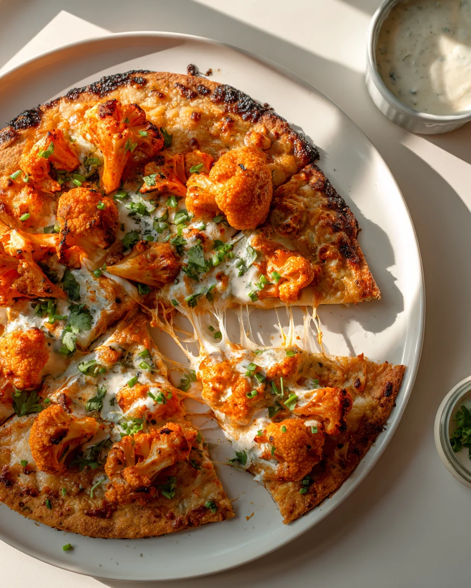 Schnelle Buffalo Blumenkohl Tortilla Pizza + Ranch Dip