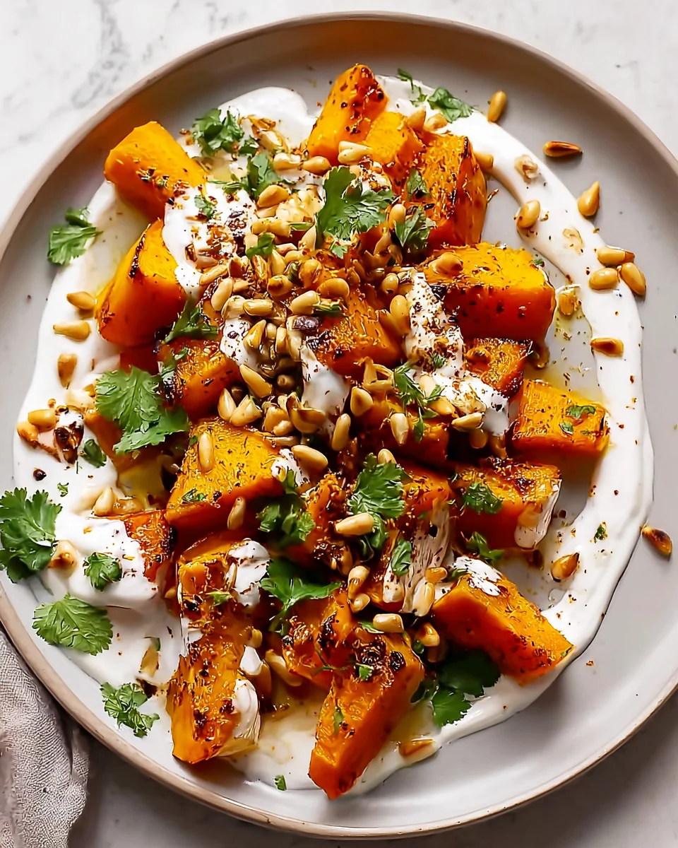 Goldener Kürbis mit Joghurtsoße und Pinienkernen Rezept