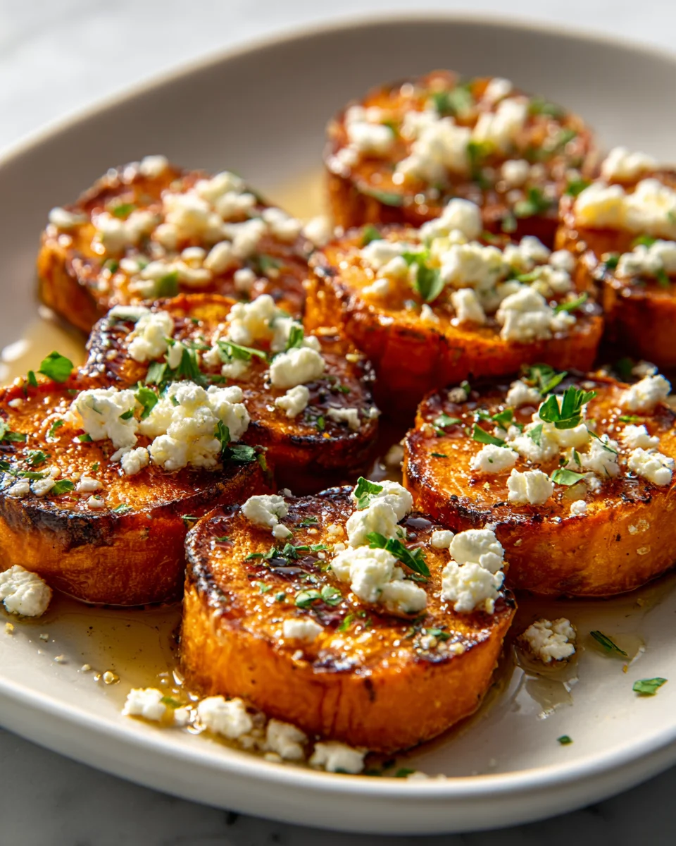 Geröstete Süßkartoffel-Runden mit Honig-Feta genießen