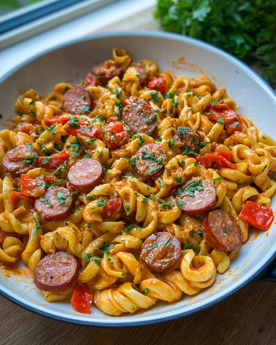 Würzige One Pot Pasta mit Rinder-Krakauer & Paprika
