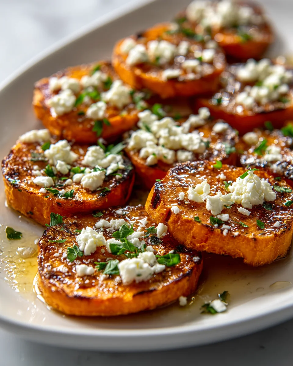 Geröstete Süßkartoffel-Runden mit Honig-Feta genießen