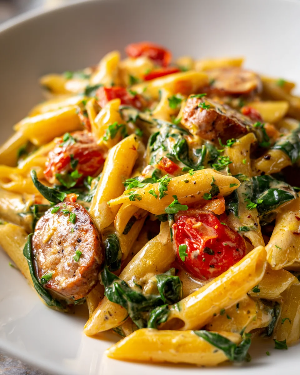 One Pot Cajun Rinderwurst Pasta mit Spinat und Tomaten