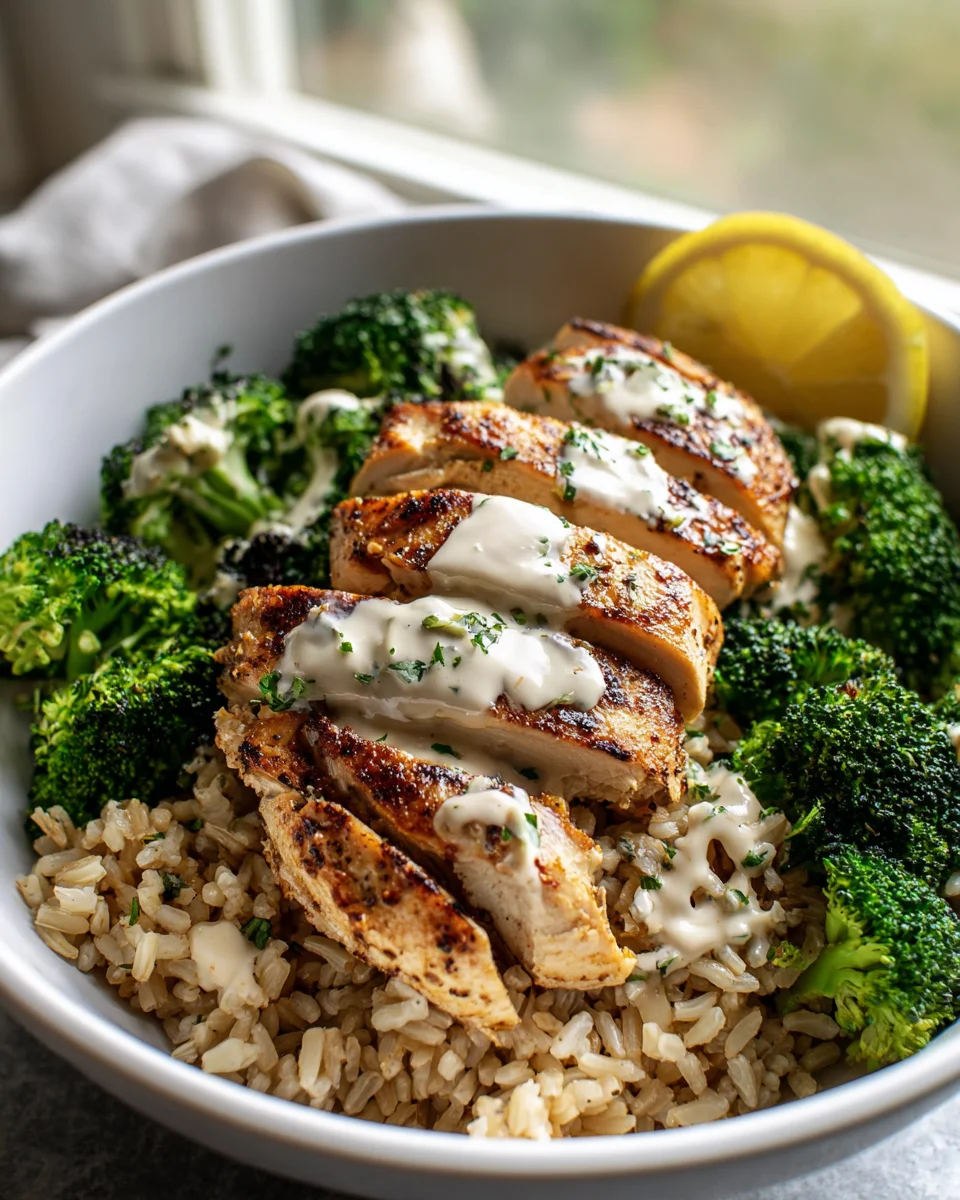 Cremige Knoblauchsauce & Gegrillte Hähnchen-Brokkoli-Bowls