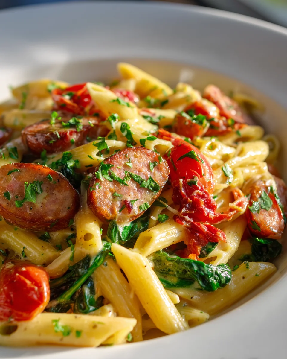 One Pot Cajun Rinderwurst Pasta mit Spinat und Tomaten