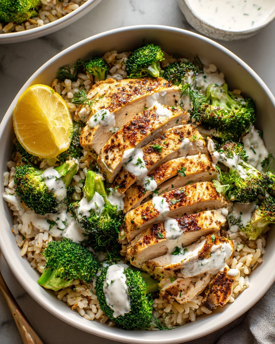 Cremige Knoblauchsauce & Gegrillte Hähnchen-Brokkoli-Bowls