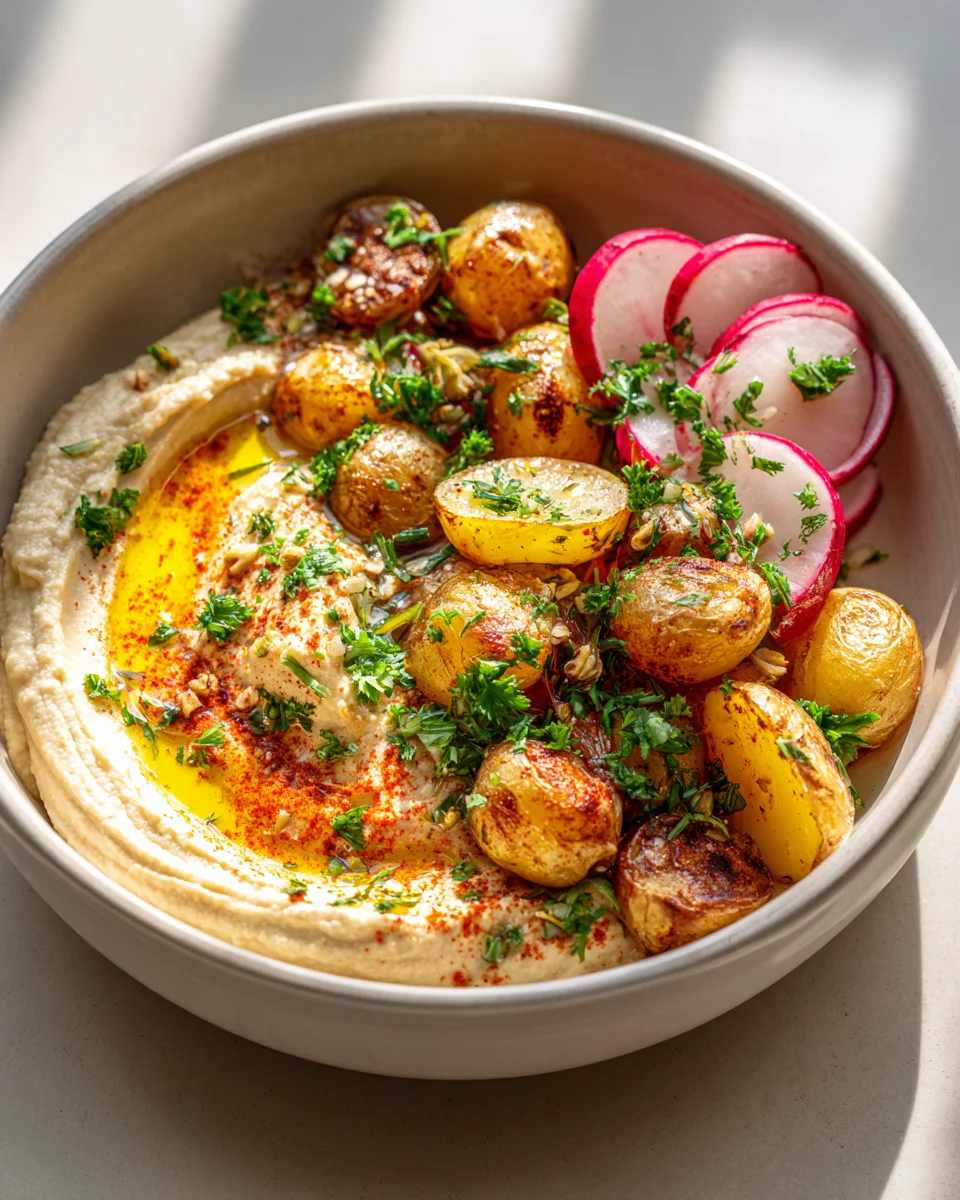 Griechische Hummus & Kartoffel Bowl – Kräuter-Knoblauch Rezept