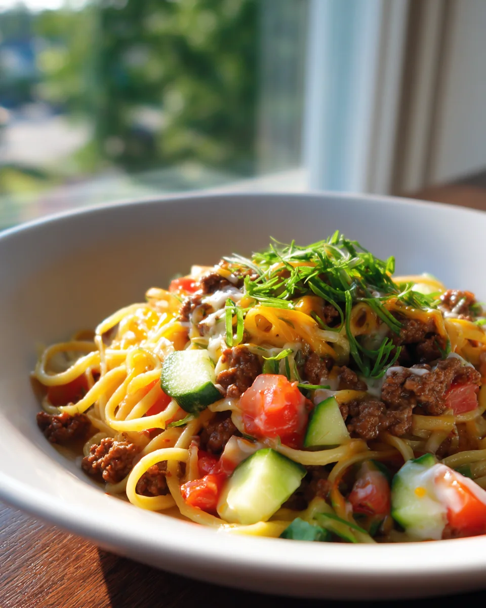 Cheeseburger Nudeln Bowl: Herzhaft, frisch mit Tomate & Gurke
