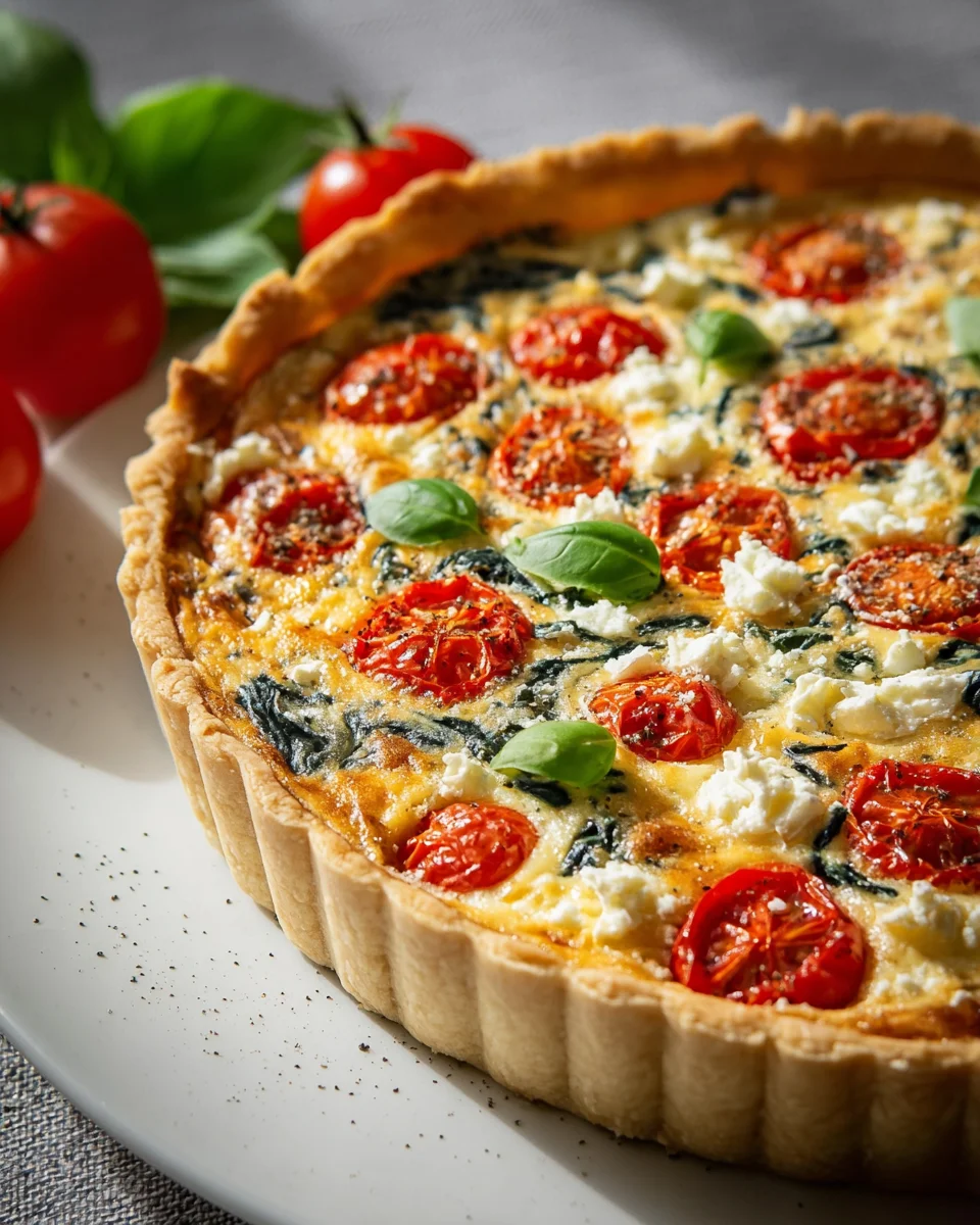 Tomaten-Feta-Quiche mit Basilikum und Spinat