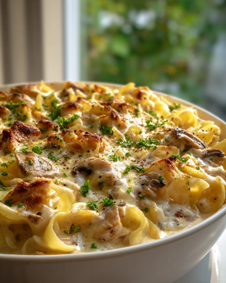 Hühnchen-Pilz-Pasta mit Goldkruste