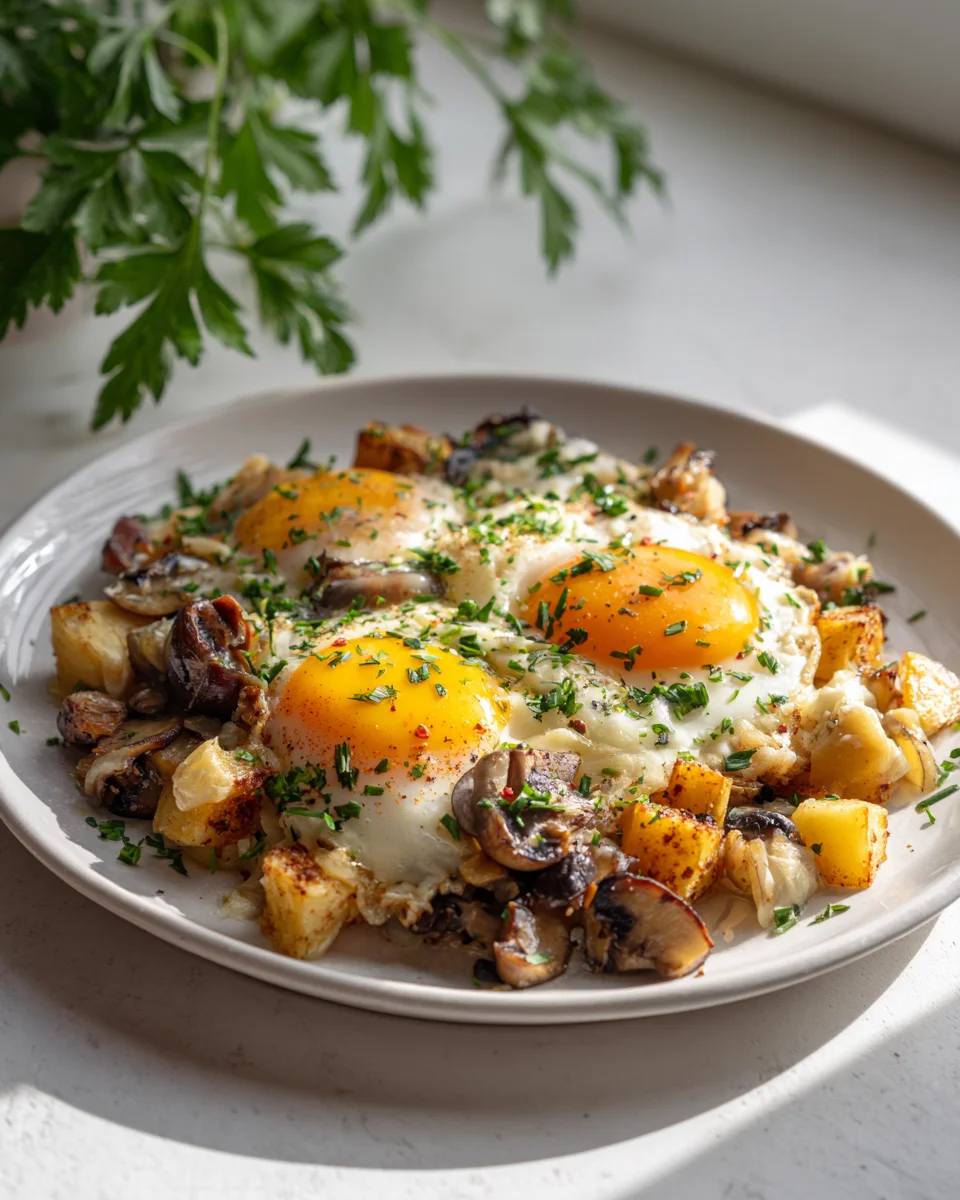 Käse-Mushroom-Frühstücks-Hash mit Eiern