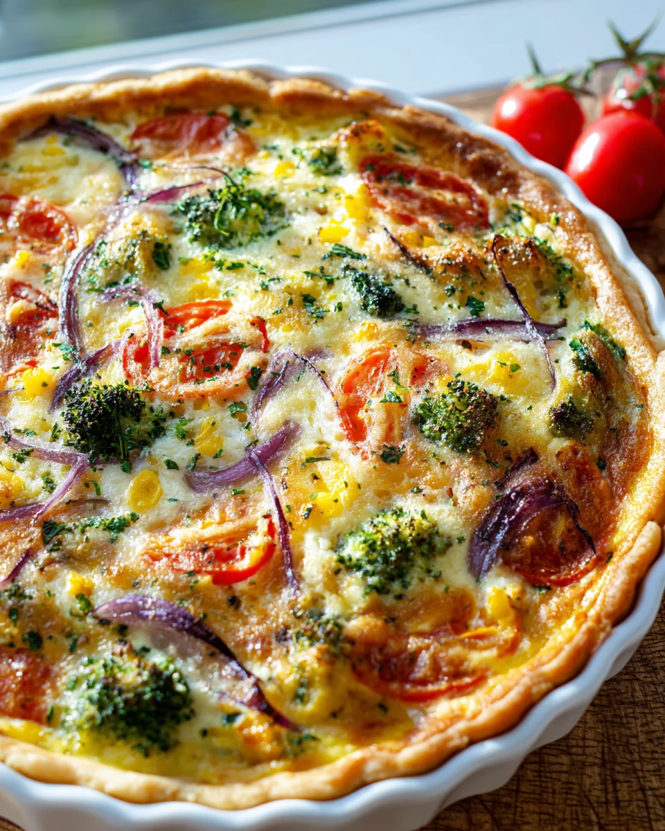 Leckere Gemüsequiche mit Brokkoli, Tomaten und Erbsen