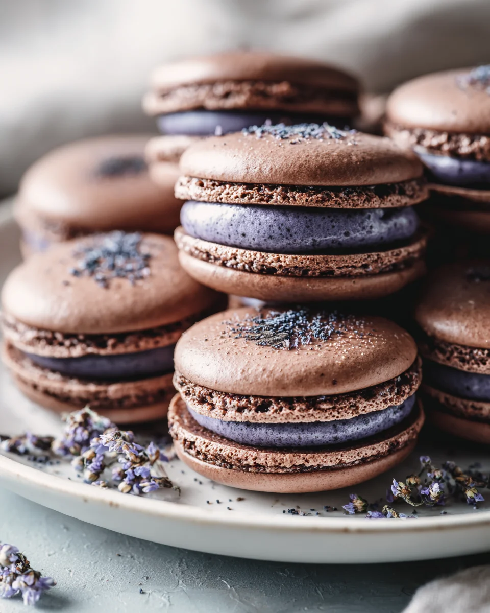 Schokoladen-Macarons mit Heidelbeer-Buttercreme-Füllung