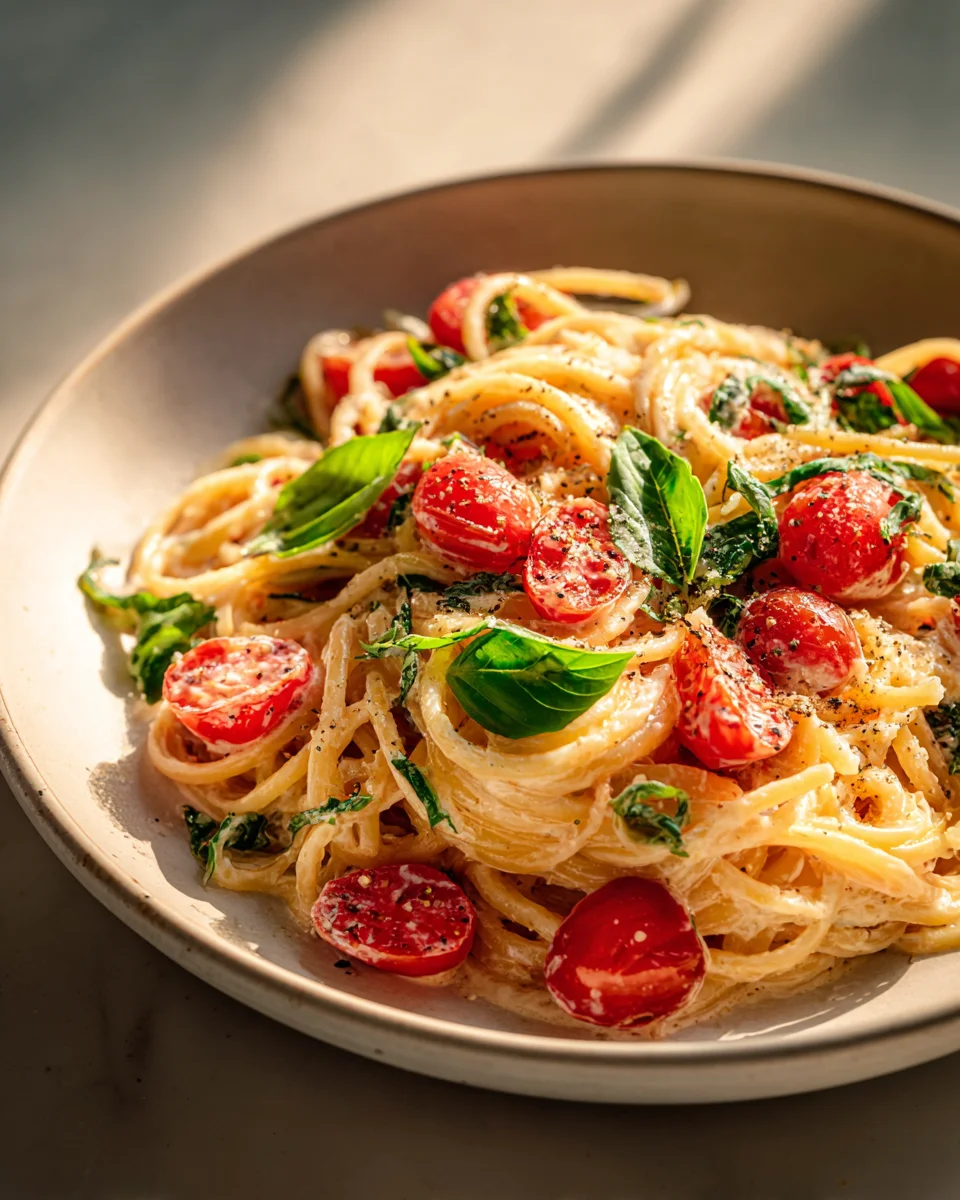 Tomaten-Basilikum-Pasta mit Crème Fraîche Sauce Rezept