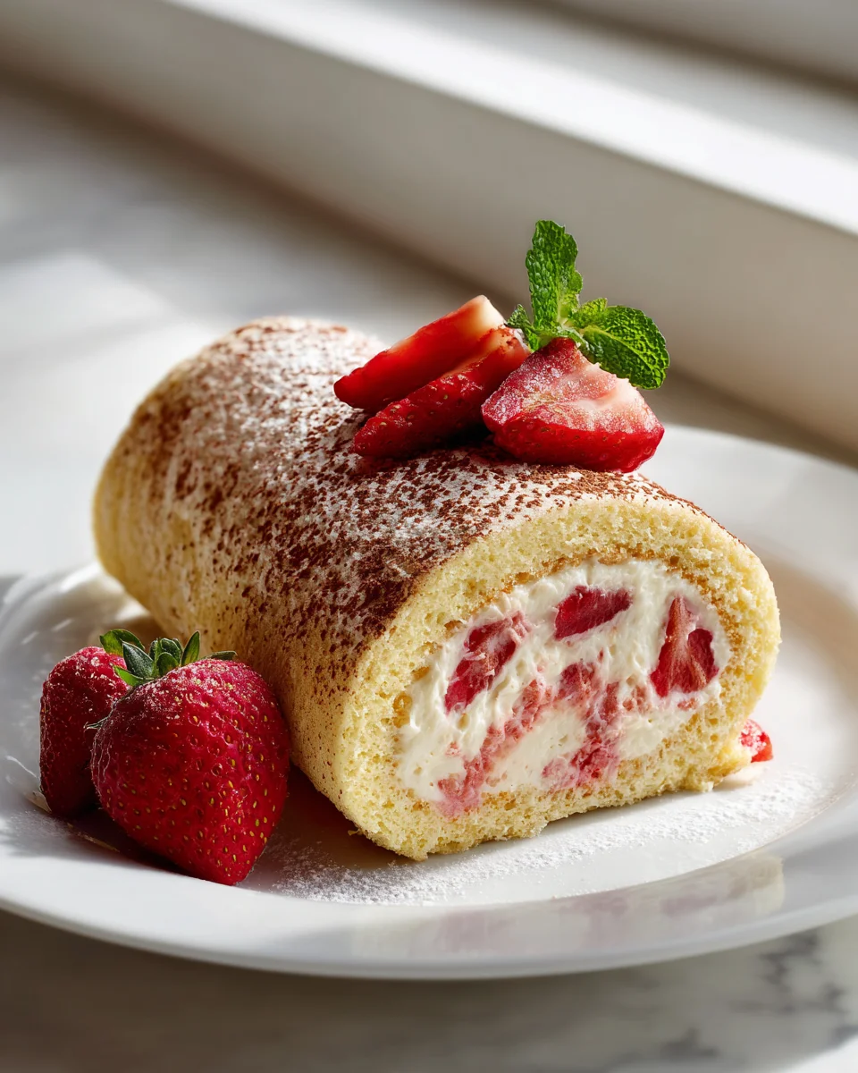 Erdbeer-Mascarpone-Tiramisu-Rolle mit zartem Biskuitteig