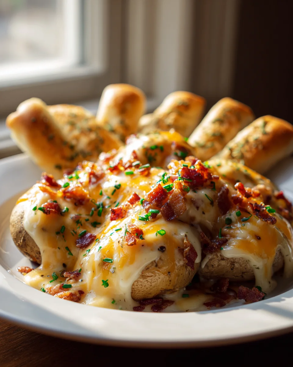 Käseüberbackene Kartoffeln mit Brotsticks