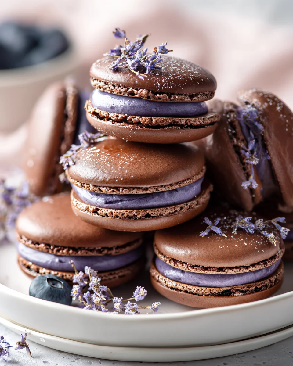 Schokoladen-Macarons mit Heidelbeer-Buttercreme-Füllung