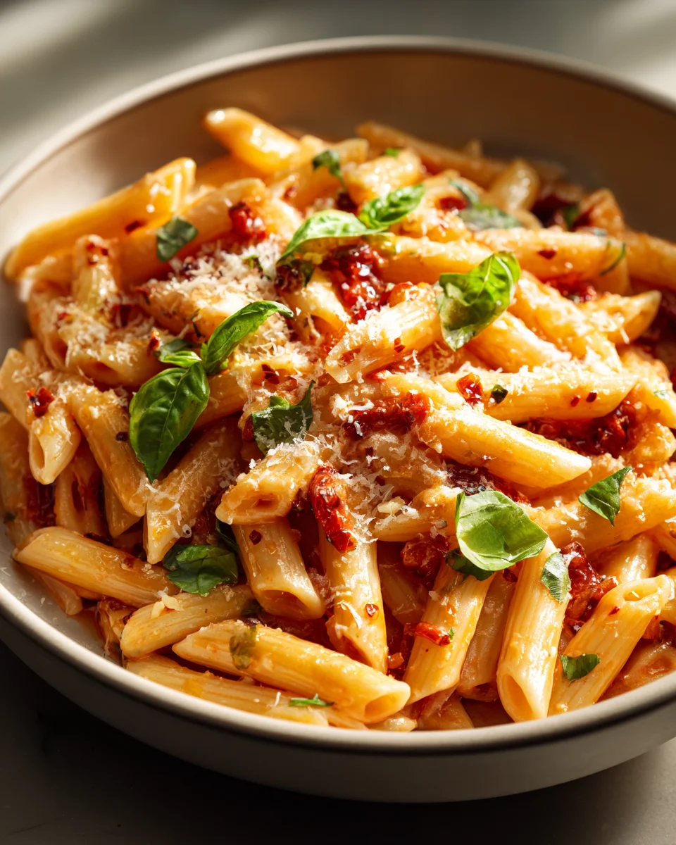 Cremige Tomaten-Knoblauch-Pasta aus einer Pfanne mit Parmesan