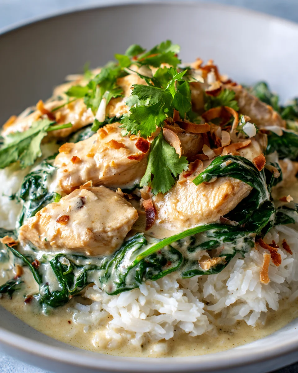 Kokosnuss-Hühnchen mit Spinat-Reis-Bowl Rezept lecker genießen