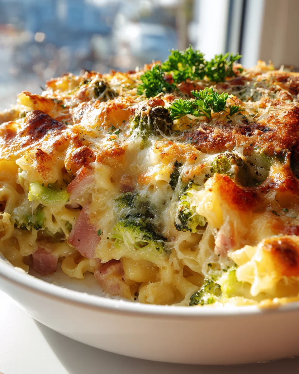 Überbackener Nudelauflauf mit Brokkoli, Schinken und Parmesan