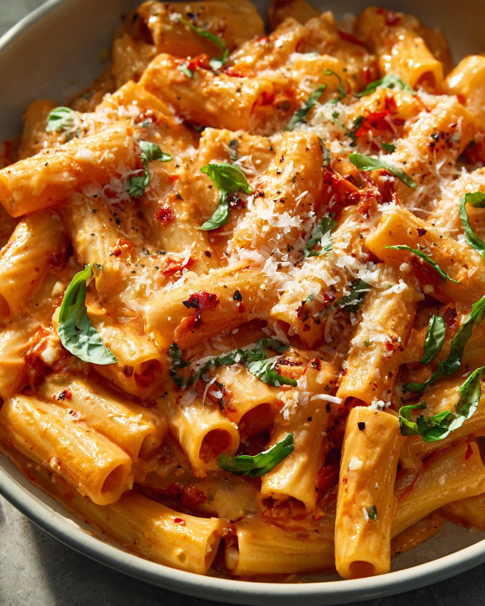 Cremige Tomaten-Knoblauch-Pasta aus einer Pfanne mit Parmesan
