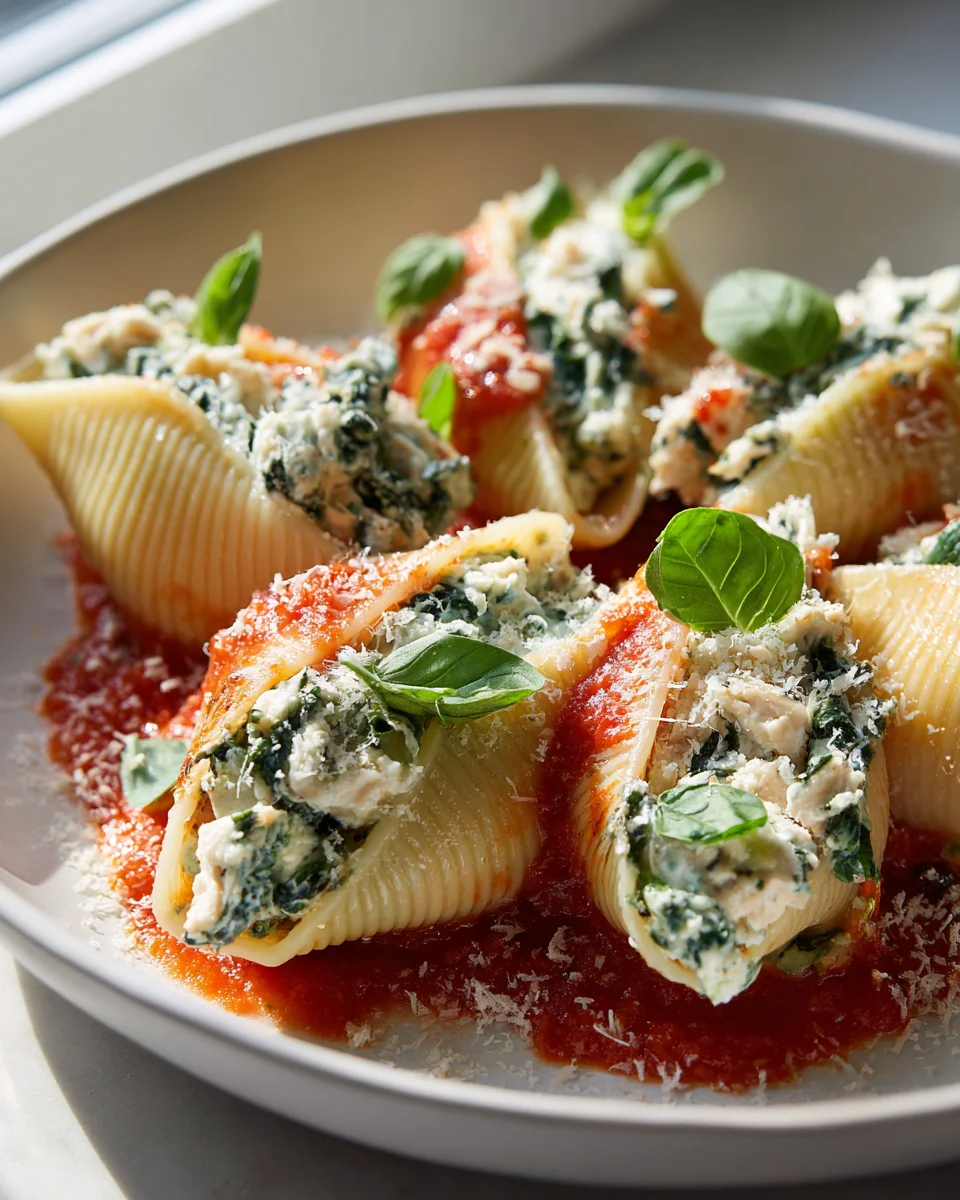 Leckere Hähnchen-Spinat-Ricotta gefüllte Muscheln Rezept