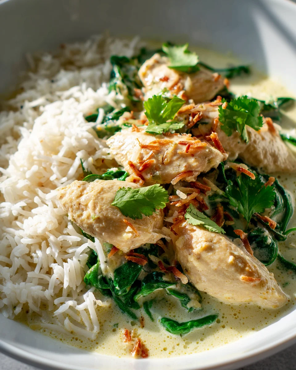 Kokosnuss-Hühnchen mit Spinat-Reis-Bowl Rezept lecker genießen