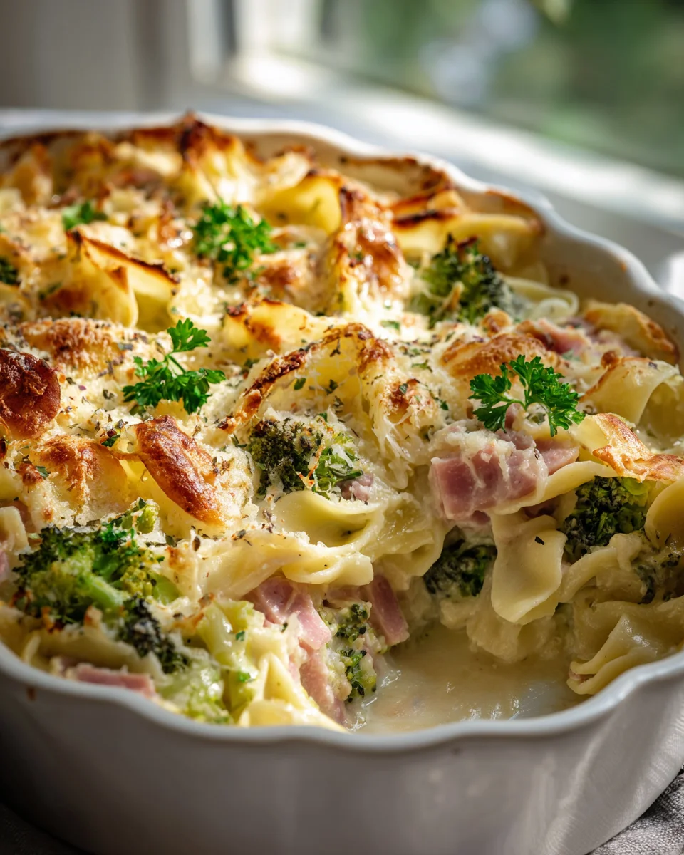 Überbackener Nudelauflauf mit Brokkoli, Schinken und Parmesan