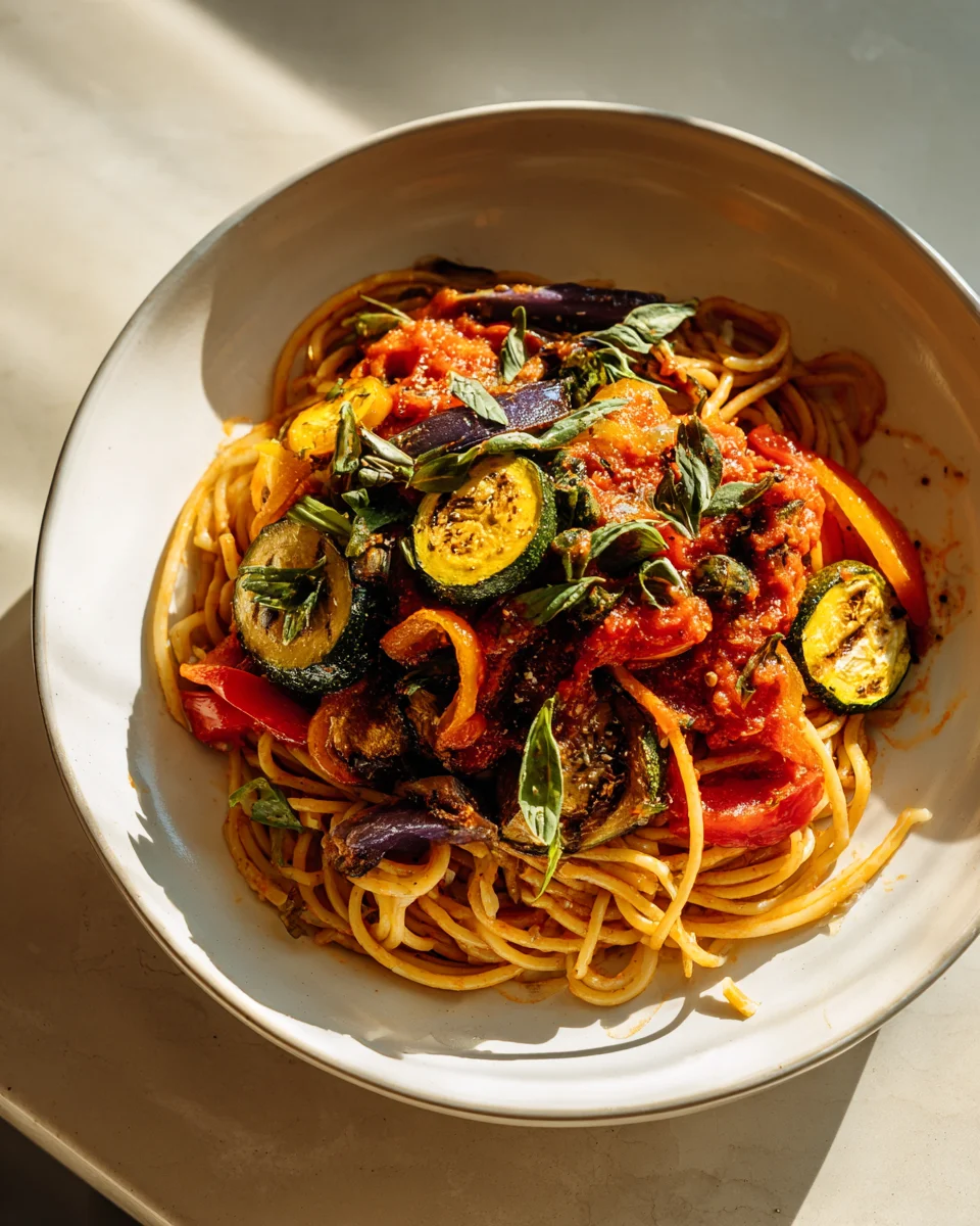 Kichererbsen-Pasta mit gegrilltem Gemüse Marinara Rezept