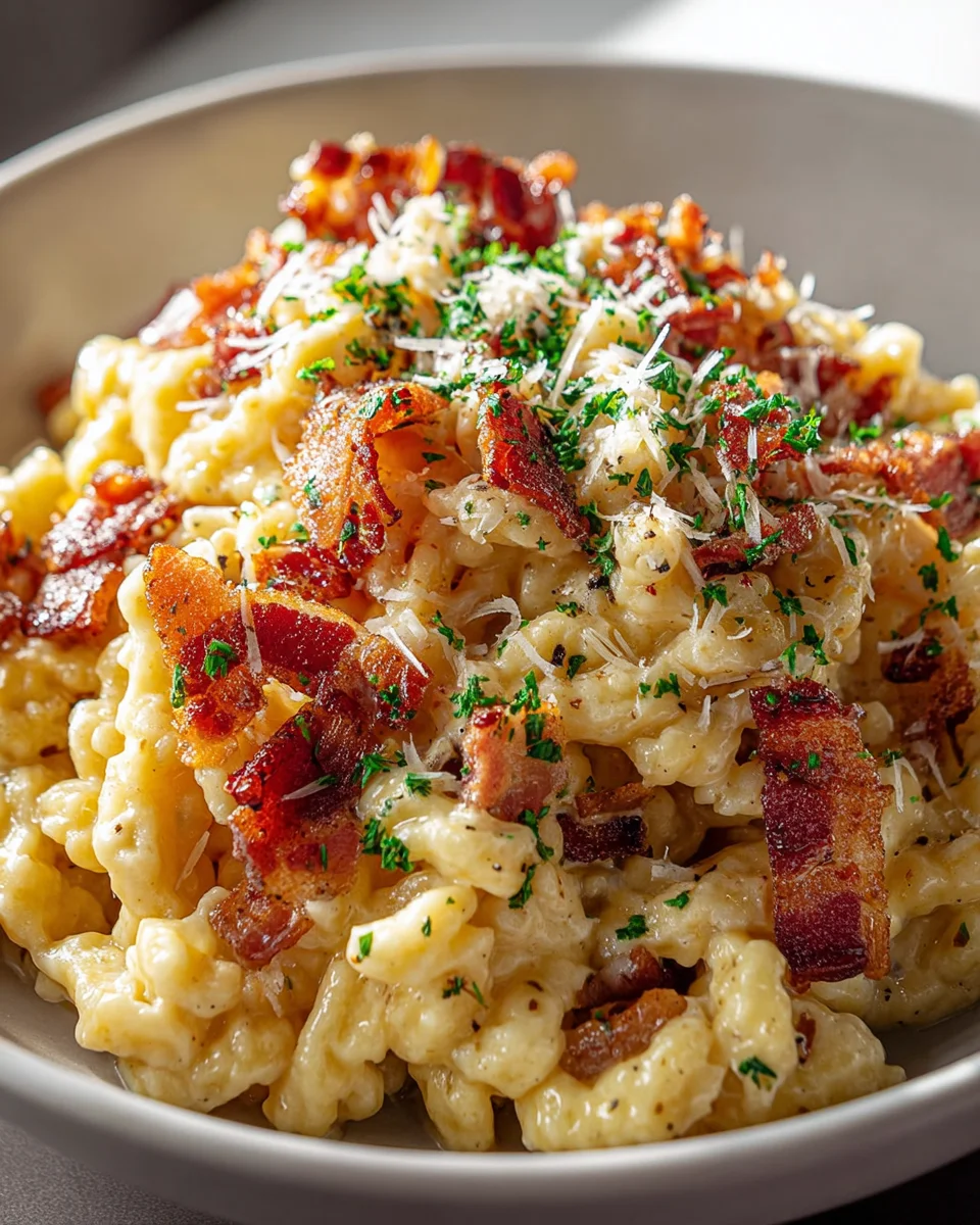 Spätzle Carbonara mit knusprigem Rindfleisch