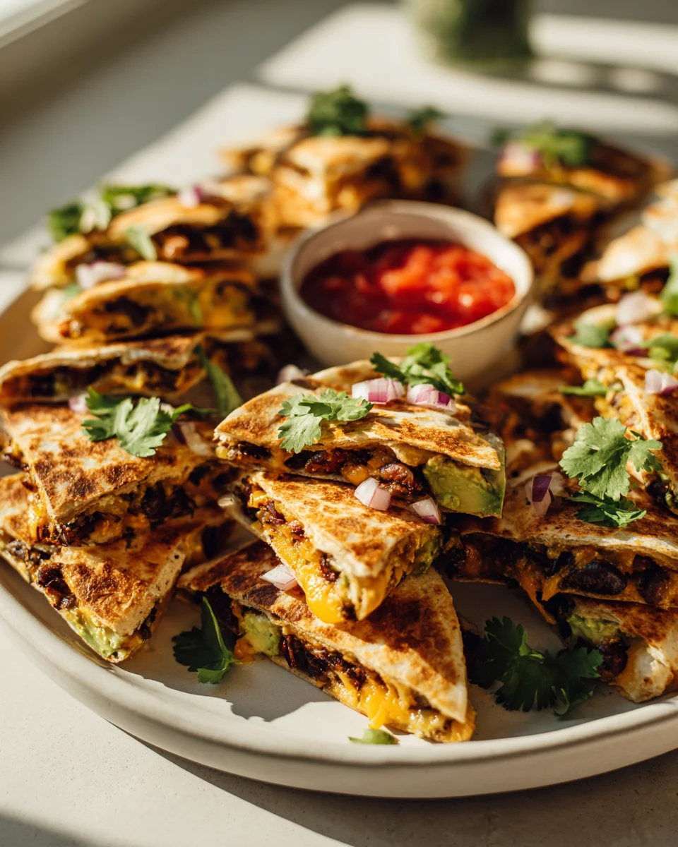 Mini Vegane Quesadilla Bites mit schwarzen Bohnen & Avocado